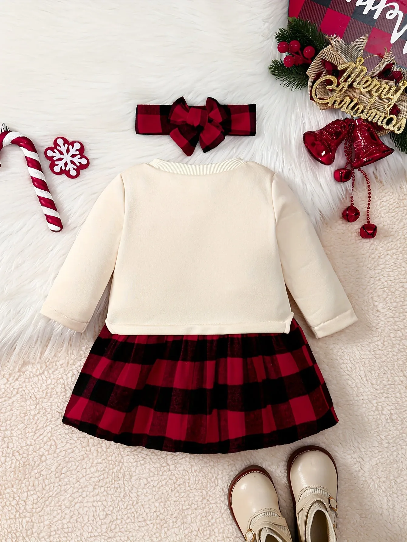 2-Piece Reindeer Print Long Sleeve Sweatshirt And Plaid Dress & Headband Set For Baby Girls - Cozy And Cute Christmas Outfit