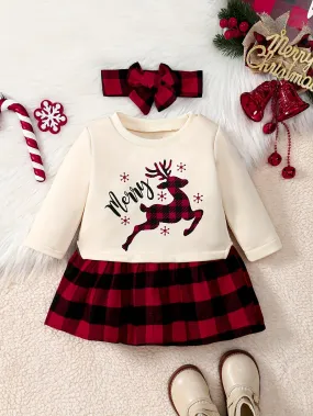 2-Piece Reindeer Print Long Sleeve Sweatshirt And Plaid Dress & Headband Set For Baby Girls - Cozy And Cute Christmas Outfit