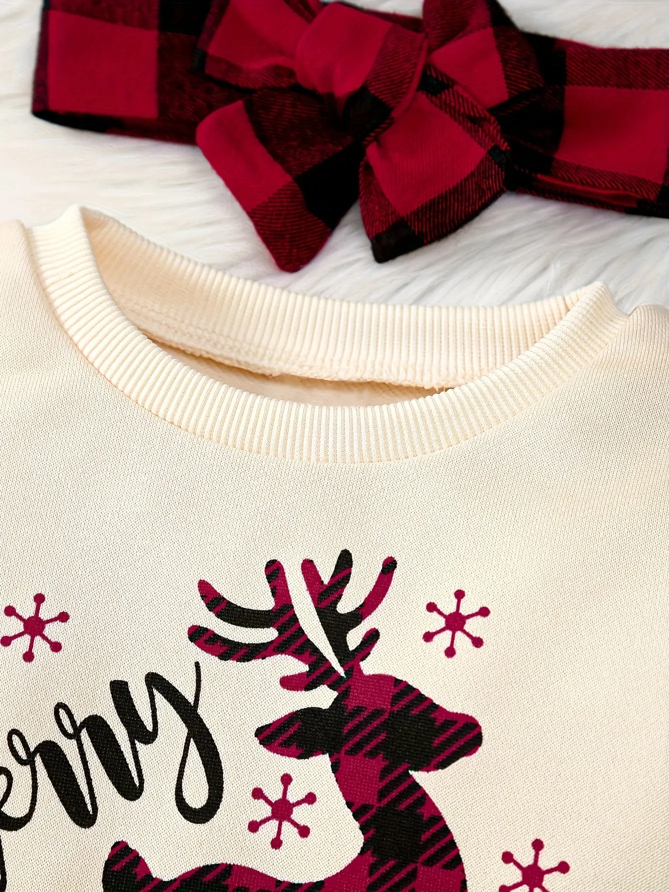 2-Piece Reindeer Print Long Sleeve Sweatshirt And Plaid Dress & Headband Set For Baby Girls - Cozy And Cute Christmas Outfit