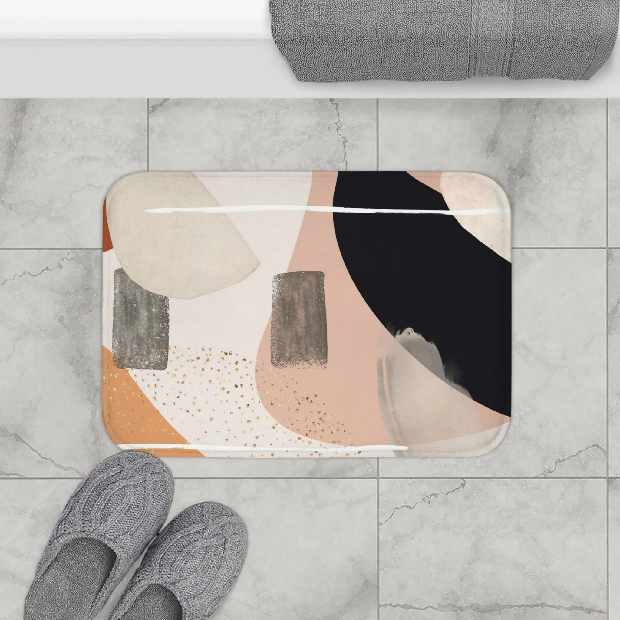 Abstract Bath, Kitchen Mat | Pastel Beige Black