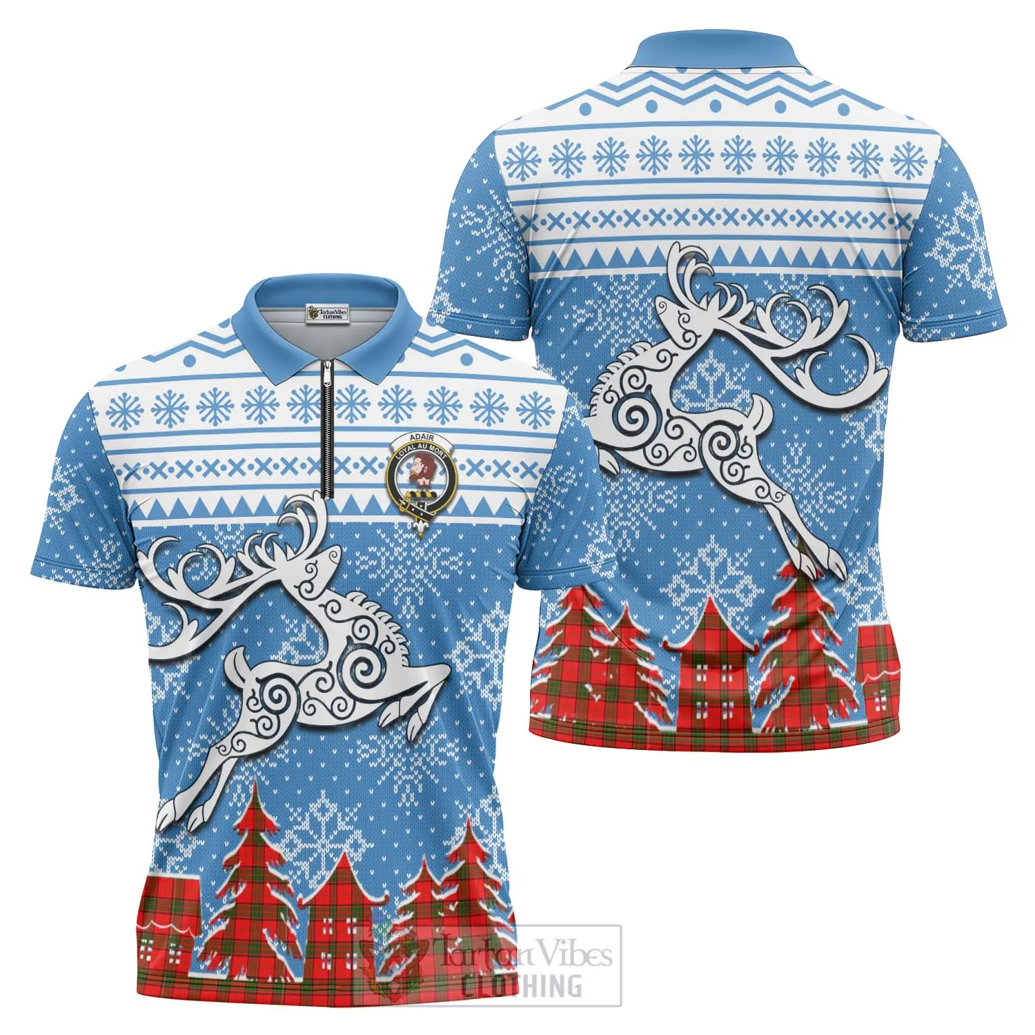 Adair Clan Christmas Zipper Polo Shirt Celtic Reindeer Style