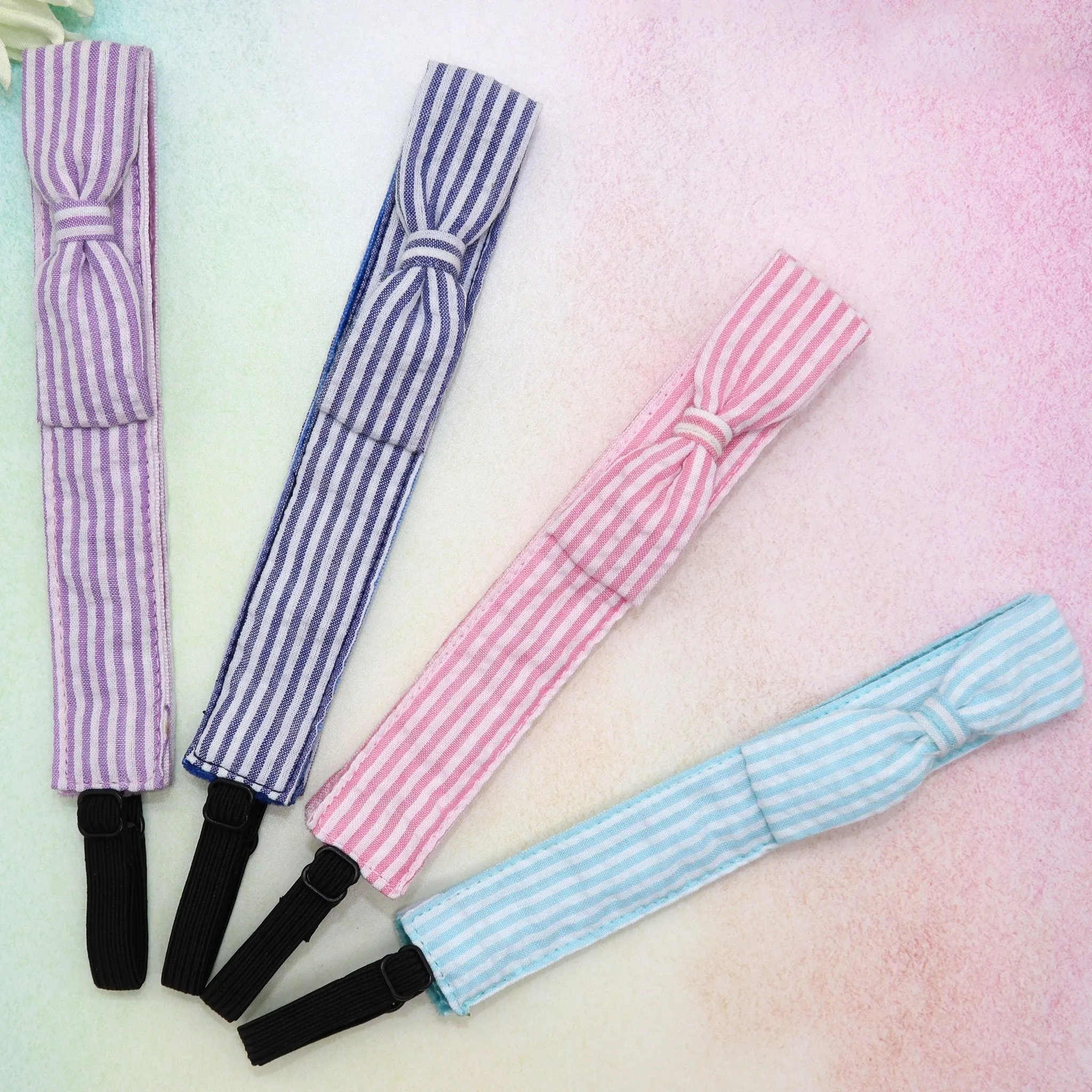 Adjustable No Slip Seersucker Bow Headbands - 4 Pack