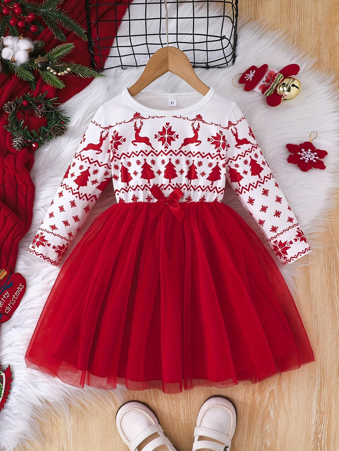 Adorable Girls' Christmas Reindeer Print Long Sleeve Tutu Dress - Perfect for Holiday Parties & Gifts, Machine Washable