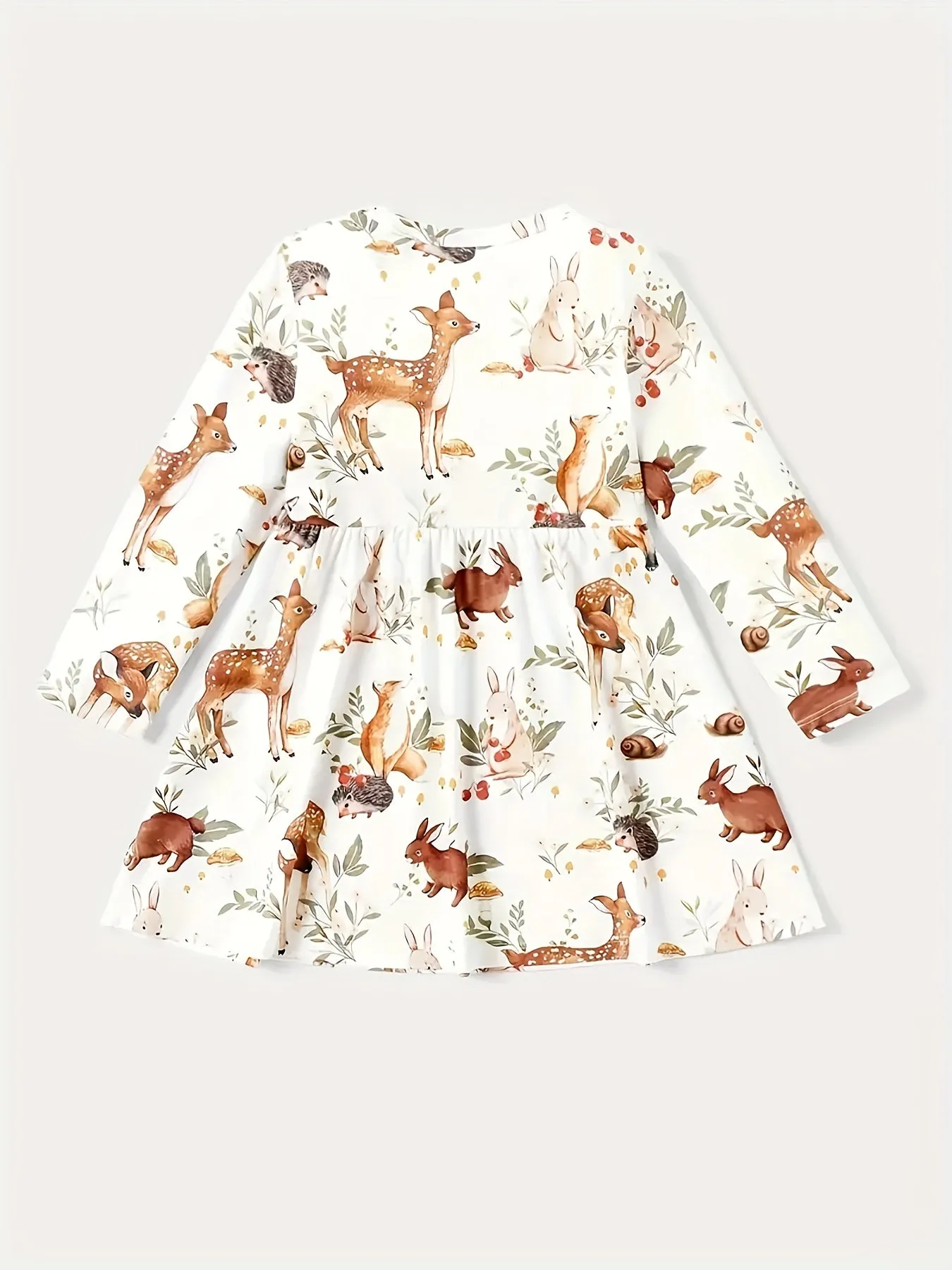 Adorable Reindeer Print Christmas Dress for Girls - Long Sleeve, Stretchy Polyester Blend, Perfect for Spring/Fall Holiday Celebrations