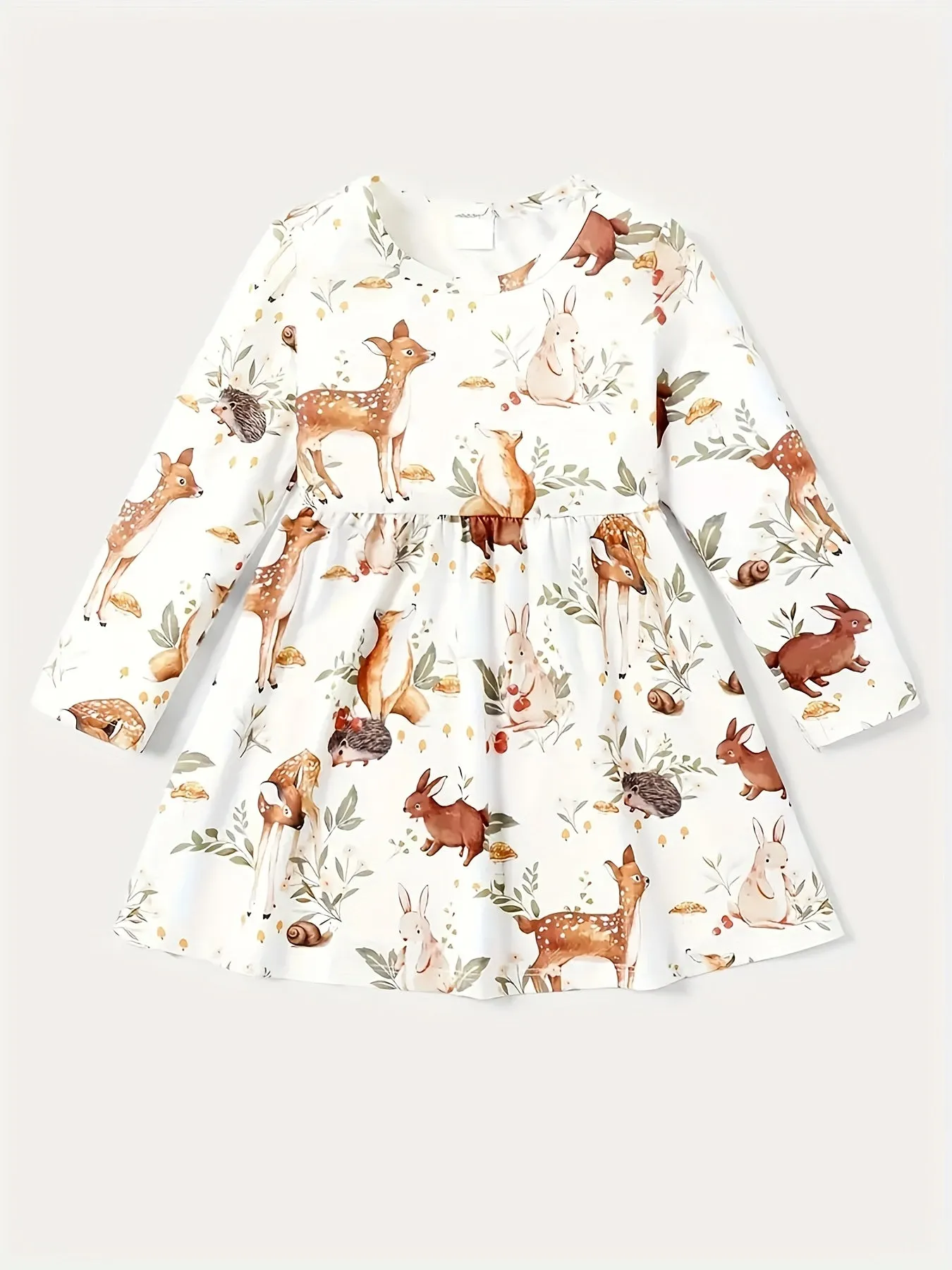 Adorable Reindeer Print Christmas Dress for Girls - Long Sleeve, Stretchy Polyester Blend, Perfect for Spring/Fall Holiday Celebrations