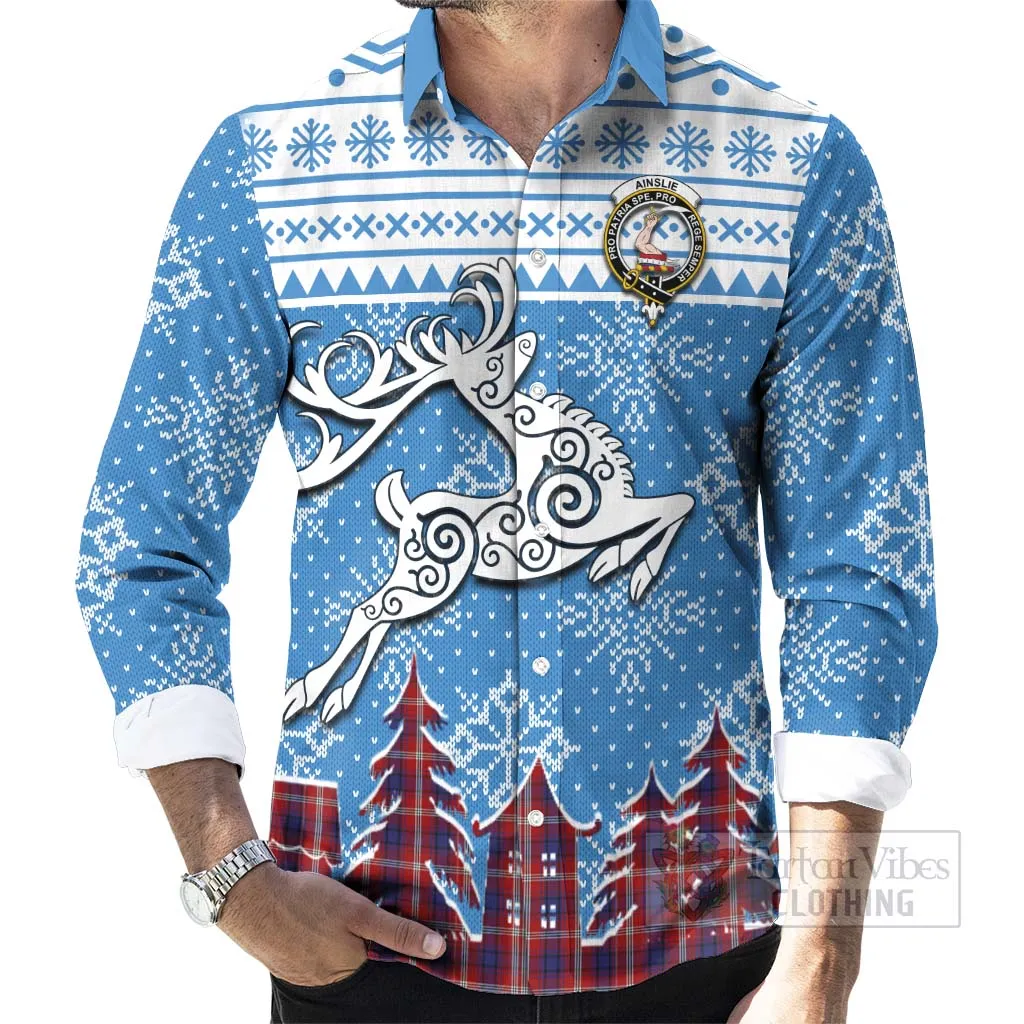 Ainslie Clan Christmas Long Sleeve Button Shirt Celtic Reindeer Style