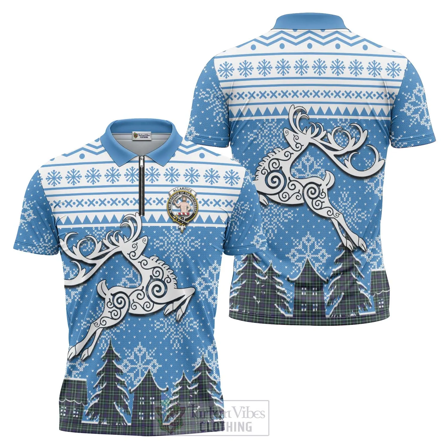 Allardice Clan Christmas Zipper Polo Shirt Celtic Reindeer Style