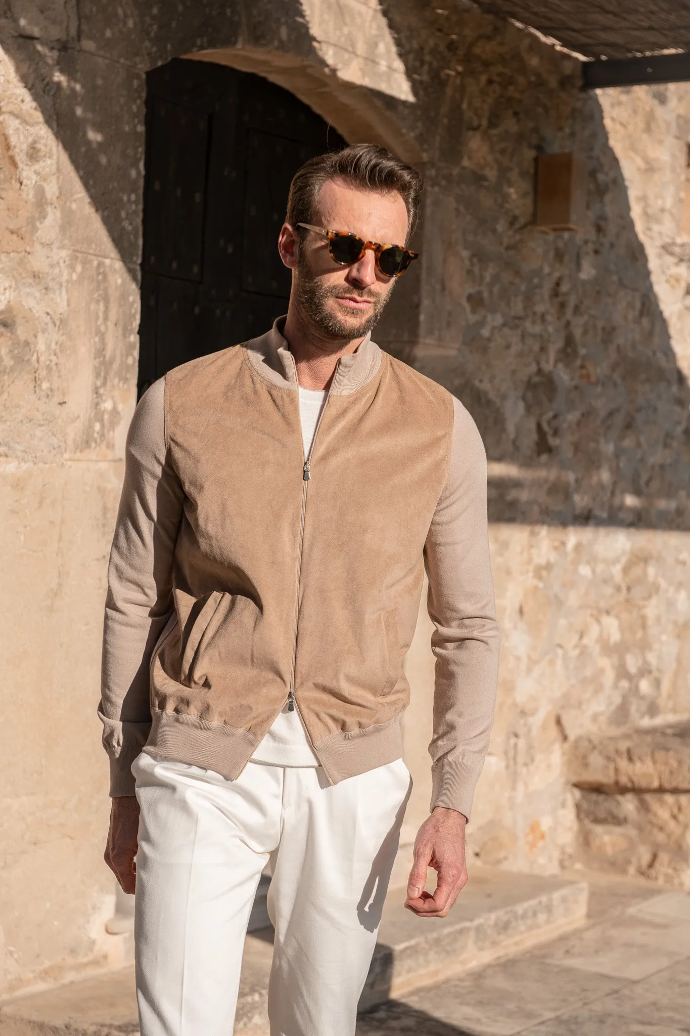 Almond alcantara bomber jacket – Made in Italy