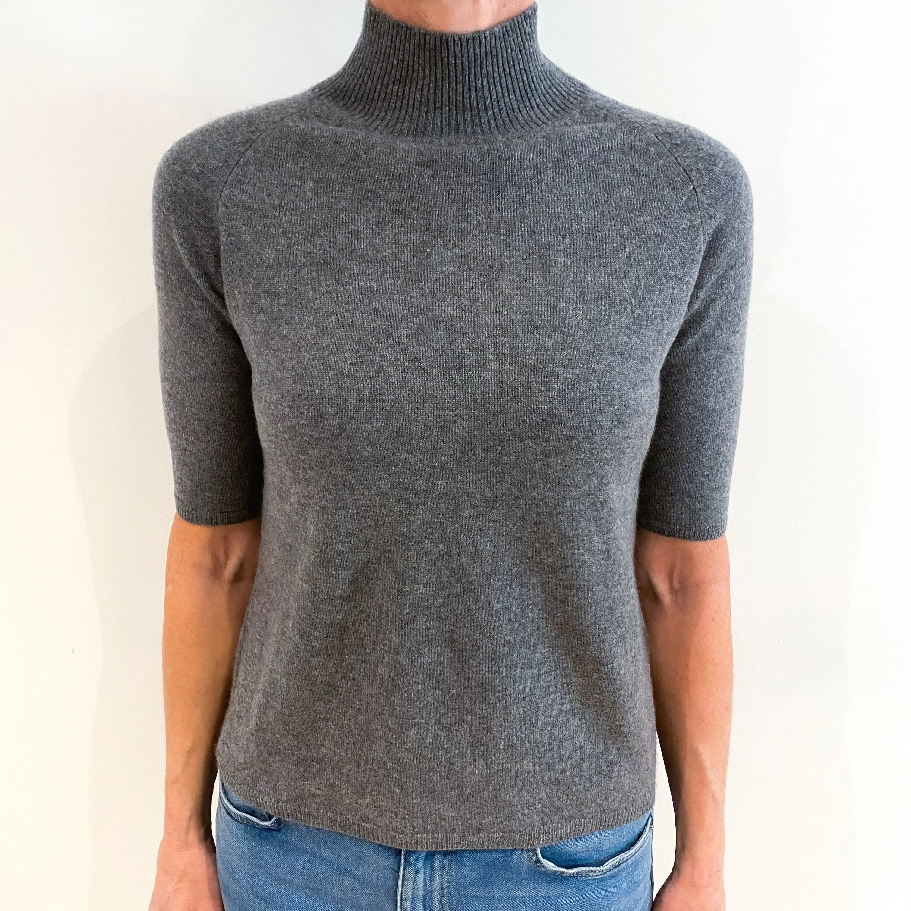 Ash Grey Cashmere Short Sleeved Turtle Neck Jumper Small