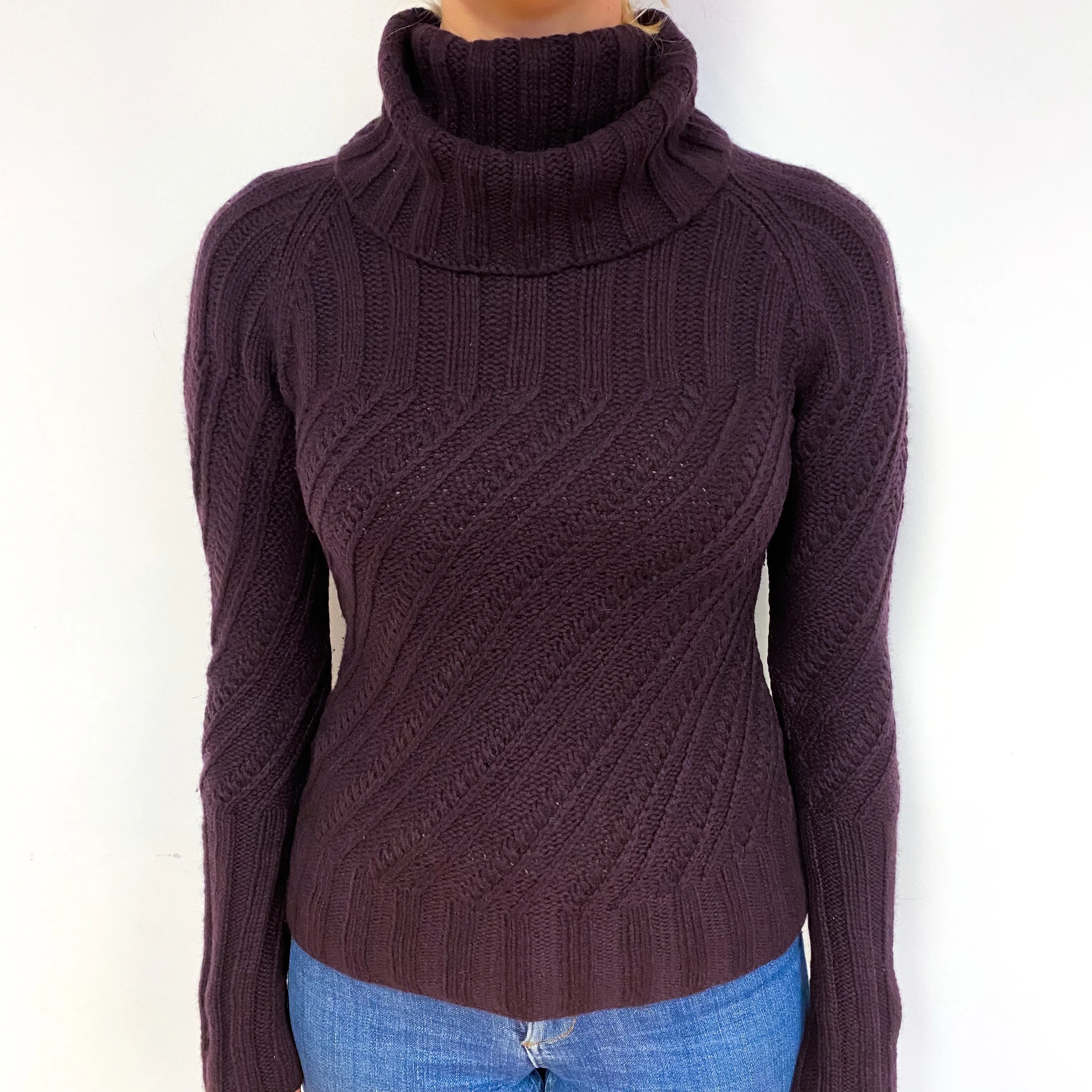 Aubergine Brown Chunky Cashmere Polo Neck Jumper Small