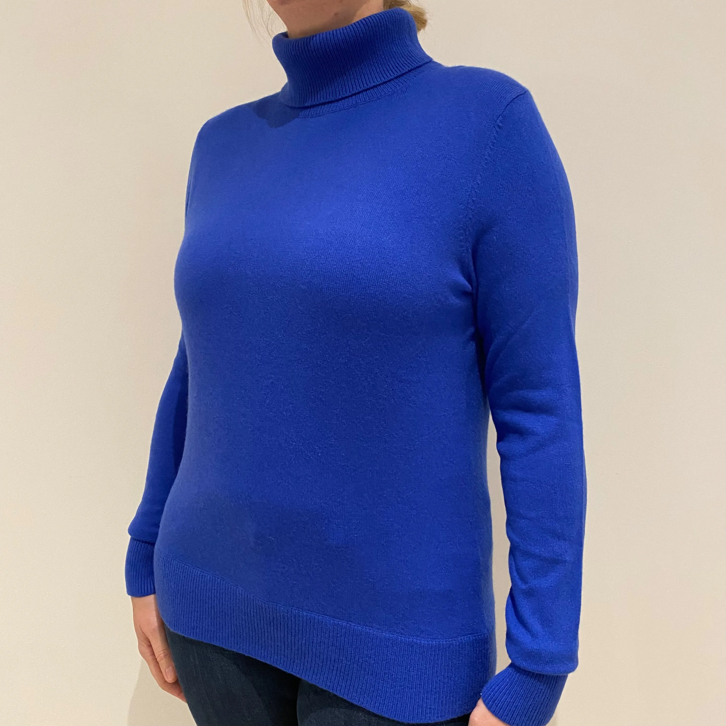 Azure Blue Cashmere Polo Neck Jumper Large