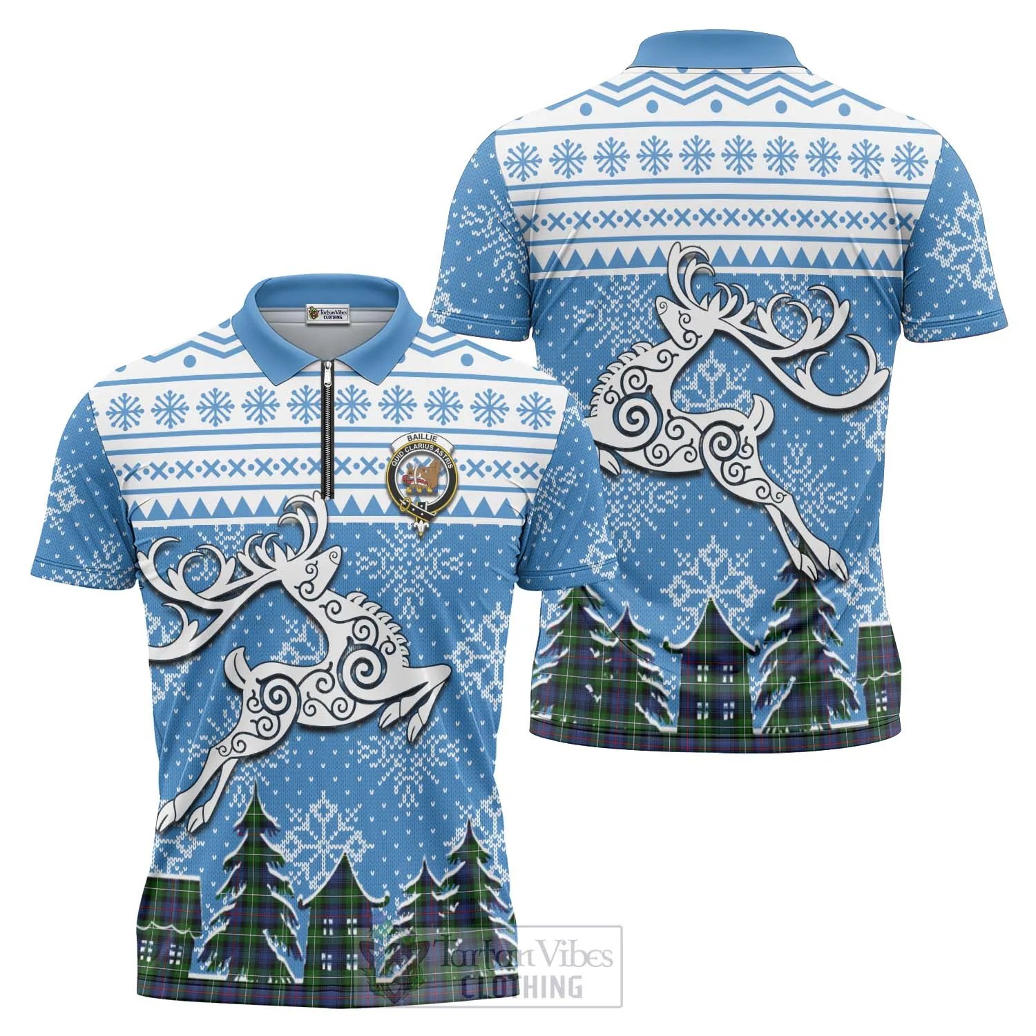 Baillie (Bailey) Clan Christmas Zipper Polo Shirt Celtic Reindeer Style