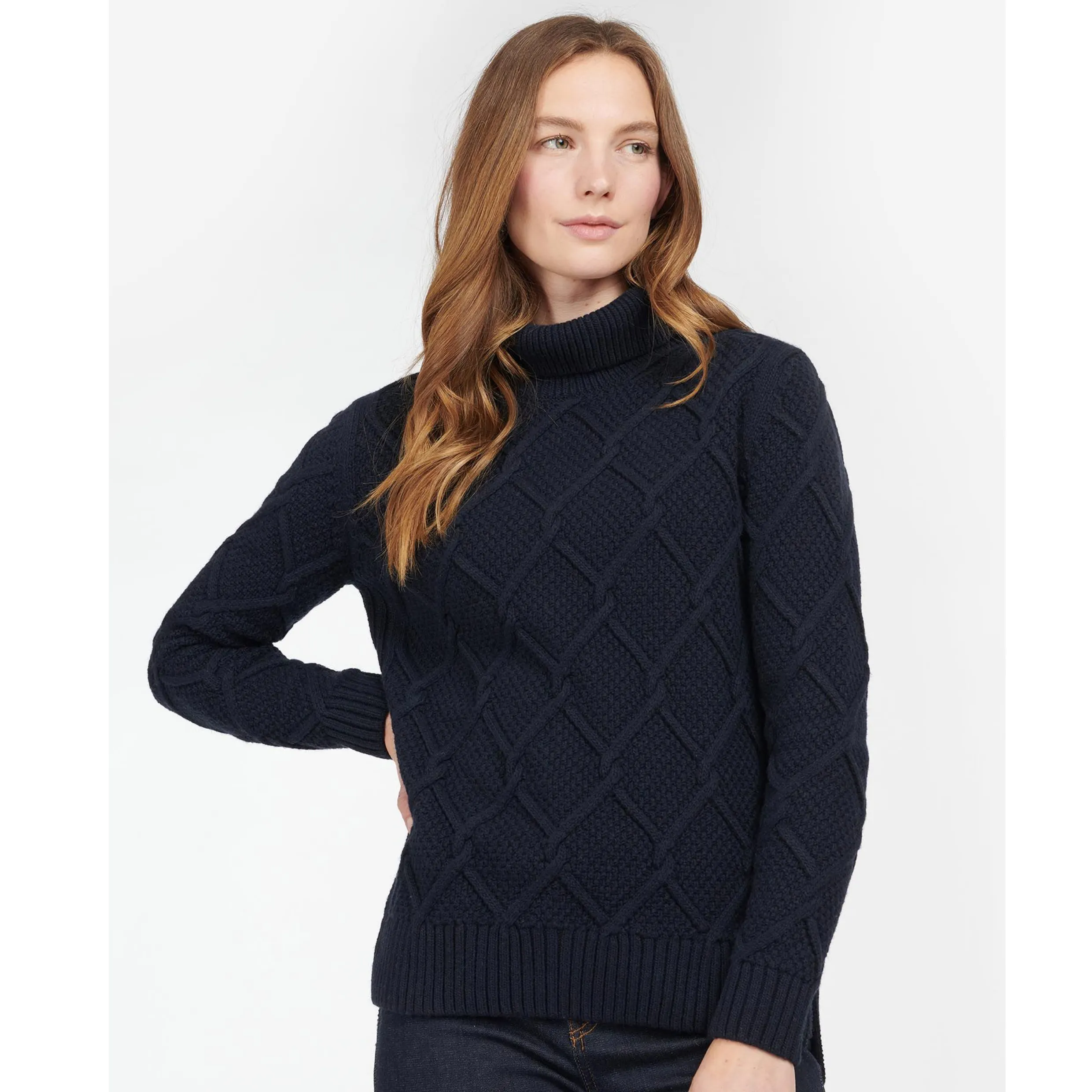 Barbour Burne Roll Neck Cable Knit in Navy LKN1170