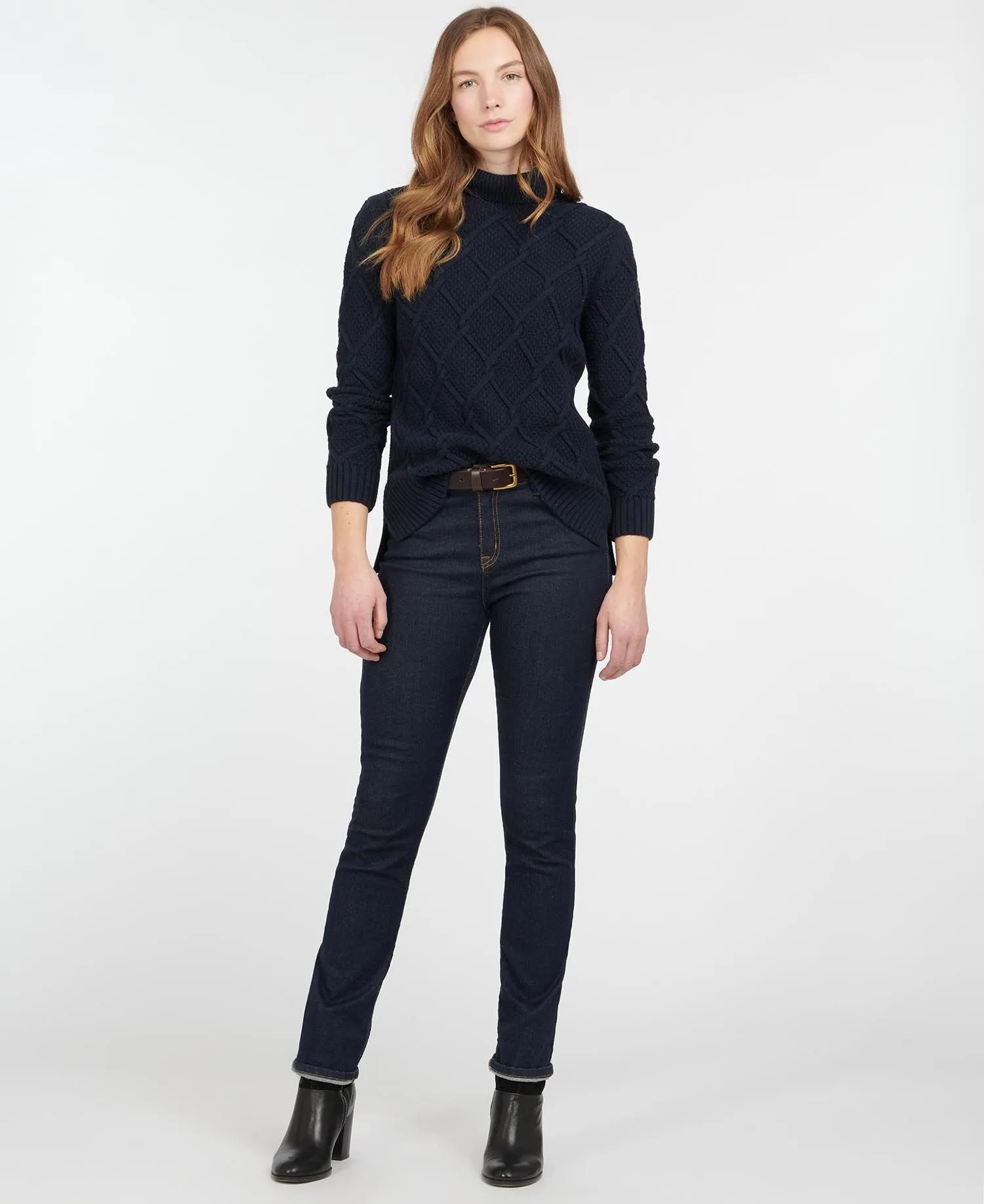 Barbour Burne Roll Neck Cable Knit in Navy LKN1170