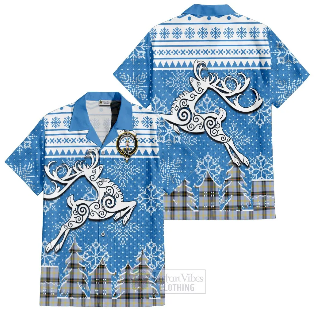 Bell Clan Christmas Short Sleeve Button Shirt Celtic Reindeer Style