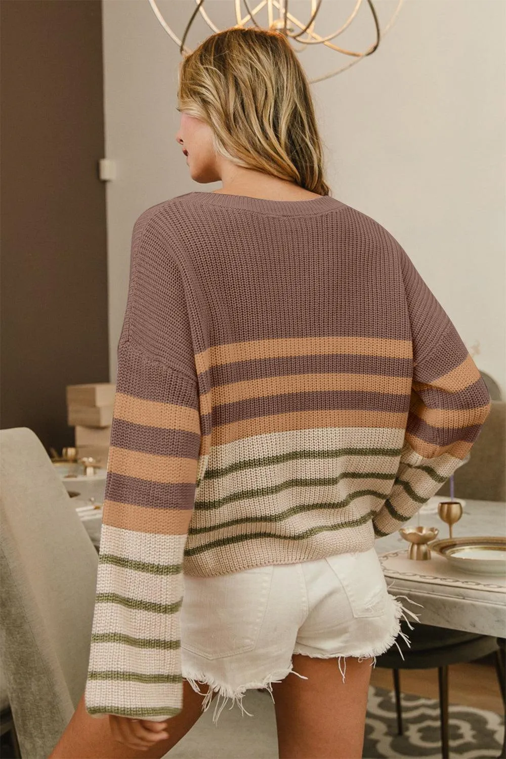 BiBi Sweater Striped Color Block Long Sleeve Soft Warm Casual Knitwear