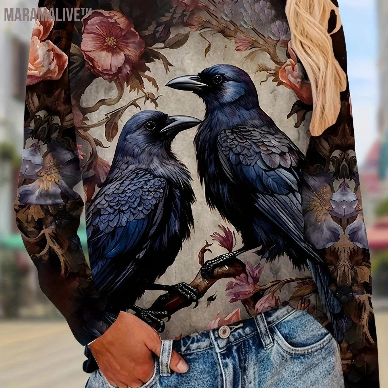 Birds & Floral Print T-shirt, Vintage Crew Neck Long Sleeve T-shirt, Women's Clothing