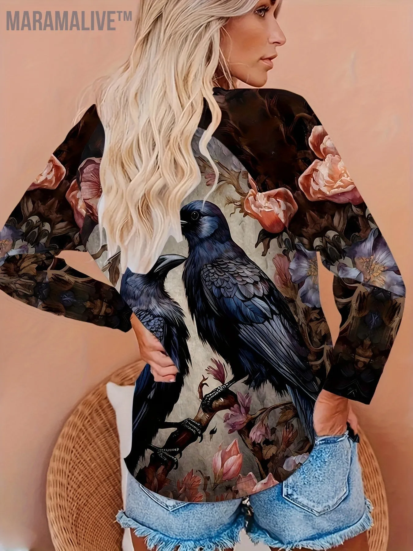 Birds & Floral Print T-shirt, Vintage Crew Neck Long Sleeve T-shirt, Women's Clothing