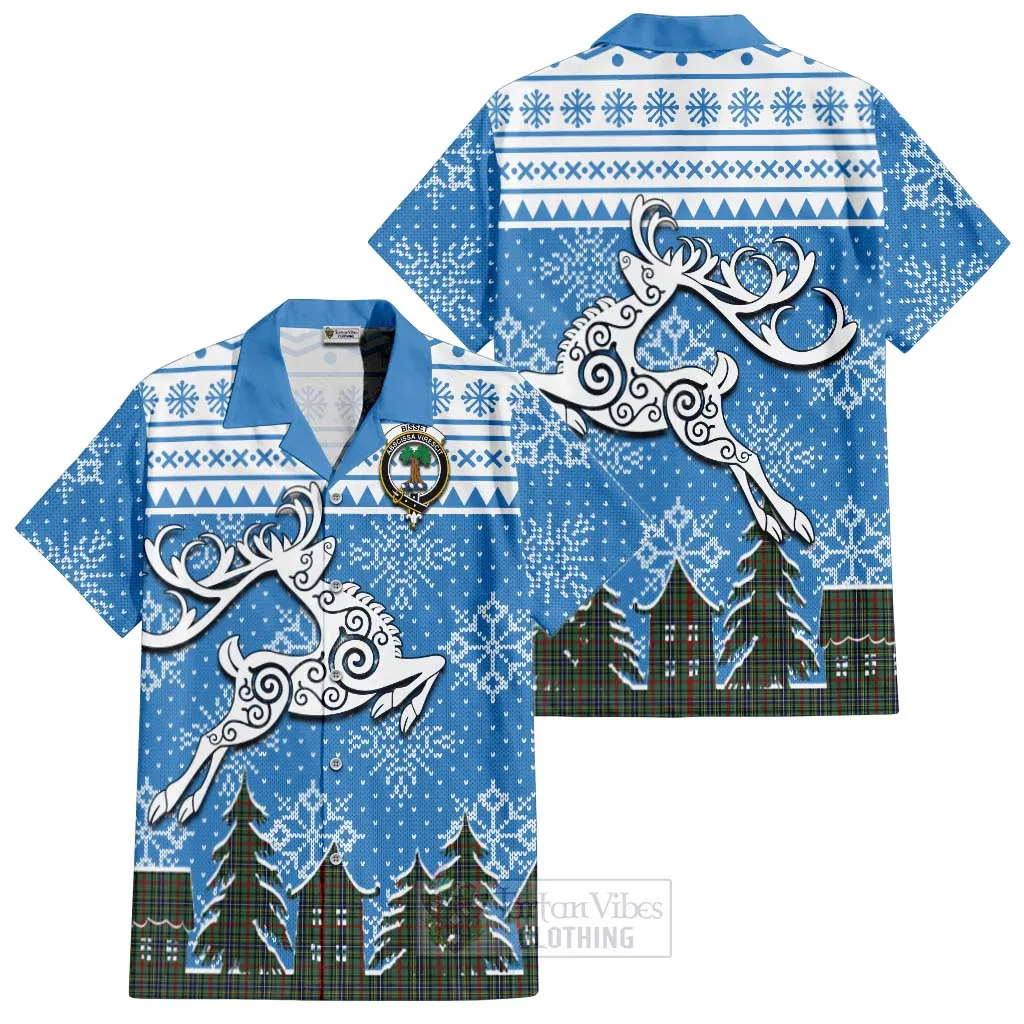 Bisset Clan Christmas Short Sleeve Button Shirt Celtic Reindeer Style