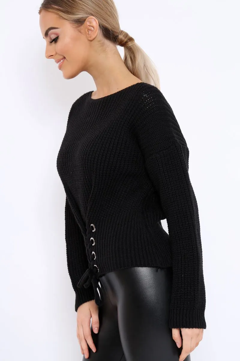 Black Chunky Knit Corset Waist Knitted Jumper - Mikayla