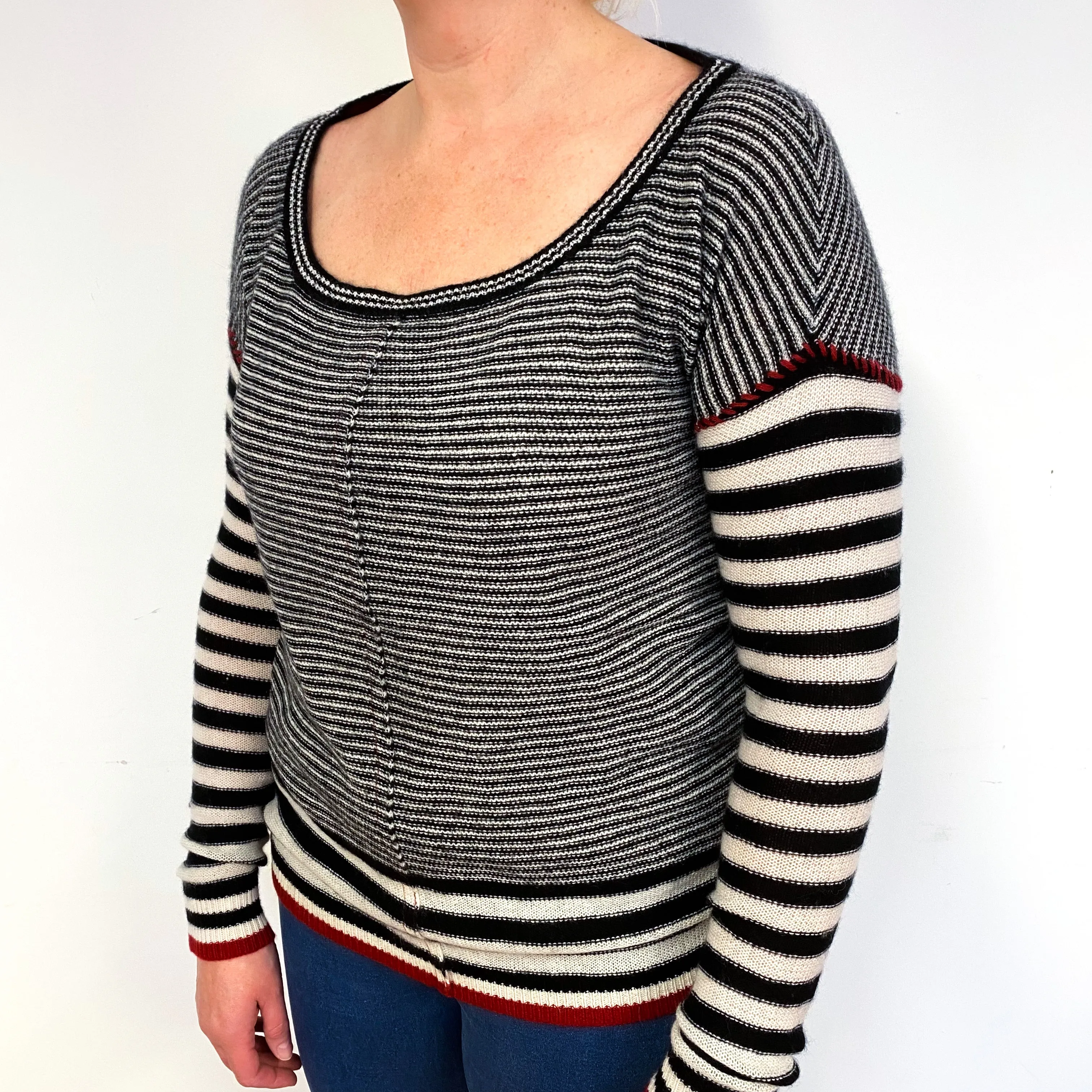 Black Cream Stripe Lightweight Cashmere Crew Neck Jumper Large