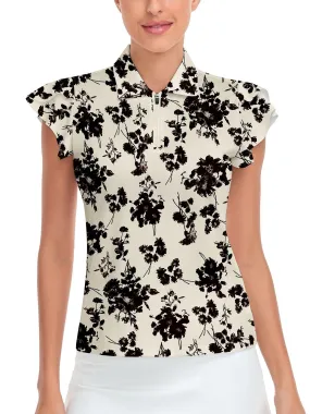 Black Flower Ruffle Sleeve Golf Polo Shirt For Women