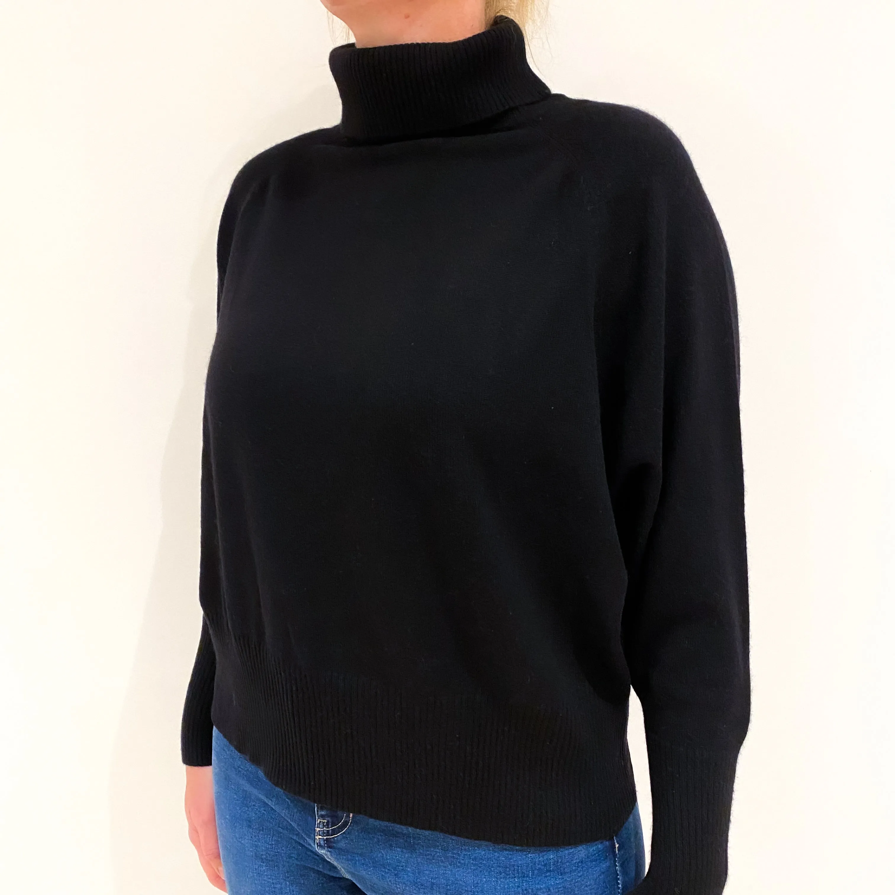 Black Slouchy Batwing Cashmere Polo Neck Jumper Large