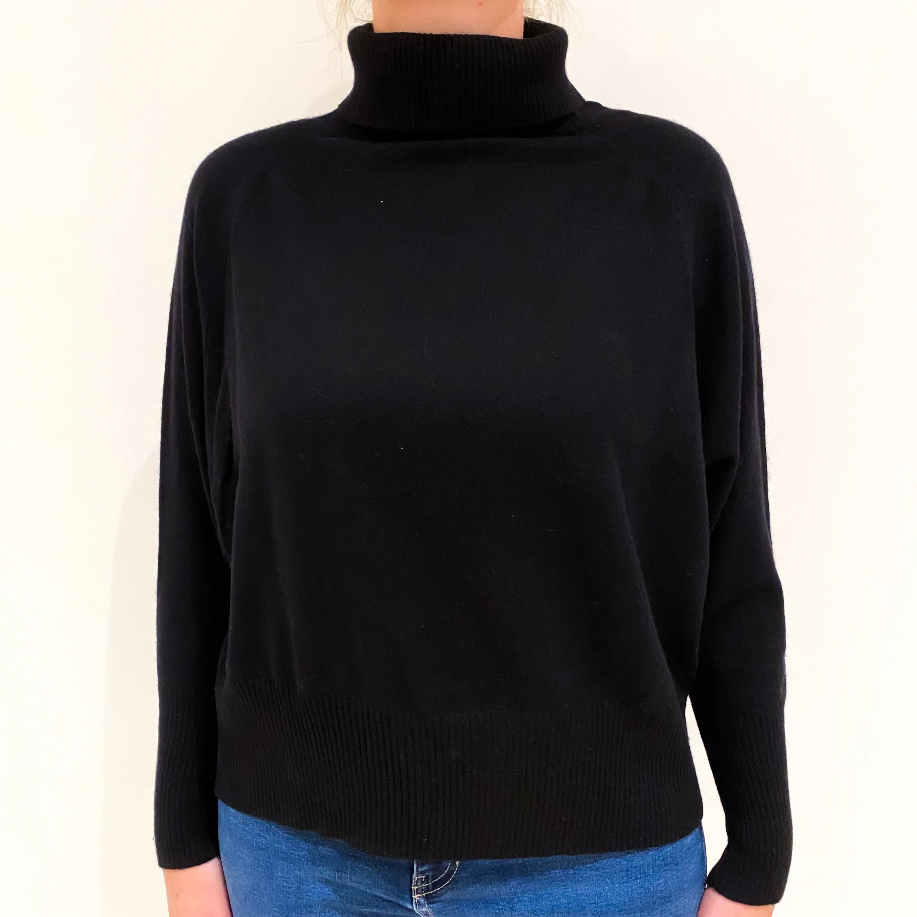 Black Slouchy Batwing Cashmere Polo Neck Jumper Large