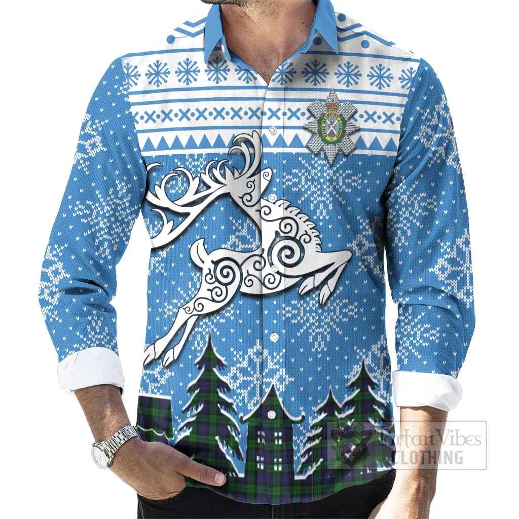 Black Watch Clan Christmas Long Sleeve Button Shirt Celtic Reindeer Style