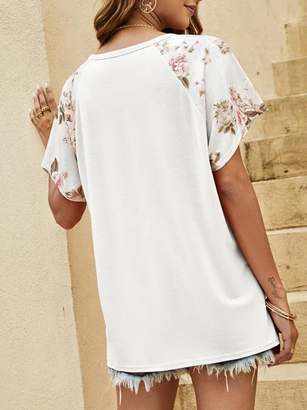 Blossom Breeze: Women's Elegant Floral Flutter Sleeve Top with Stylish Contrast Panel