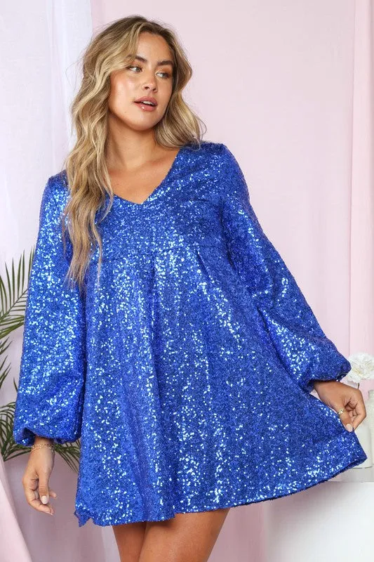 Blue Festive Sequin Babydoll Mini Dress