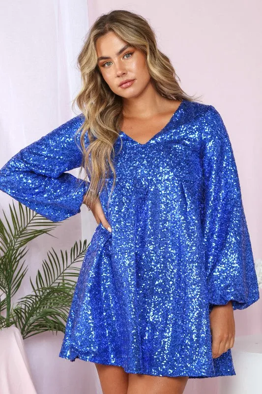 Blue Festive Sequin Babydoll Mini Dress