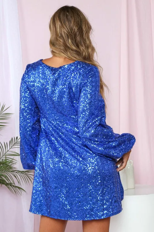 Blue Festive Sequin Babydoll Mini Dress