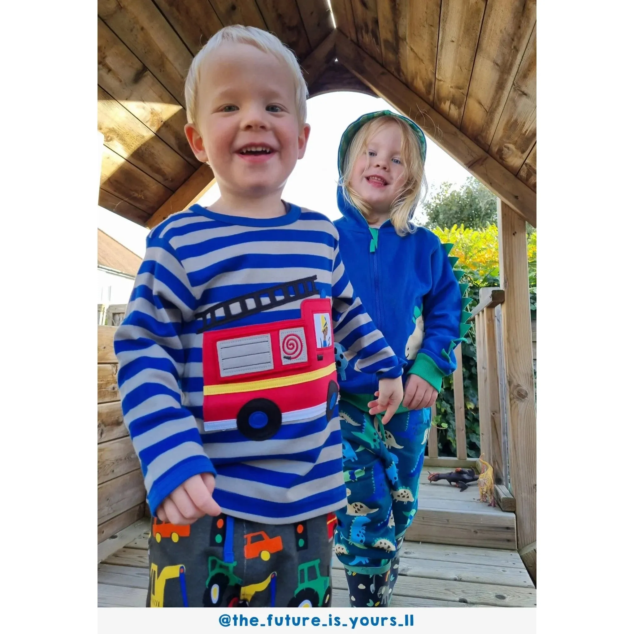 Blue Fire Engine Applique Long Sleeve Shirt