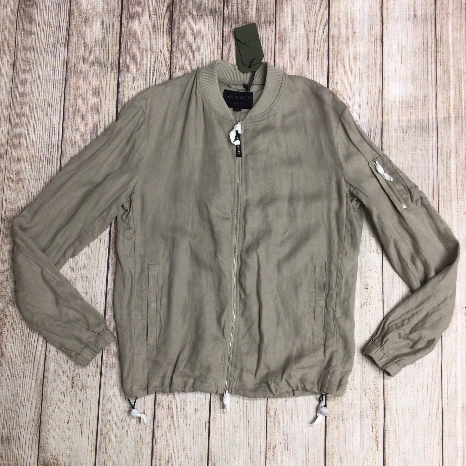 BNWT AllSaints Limestone Taupe 100% Linen Borra Bomber Jacket Size S