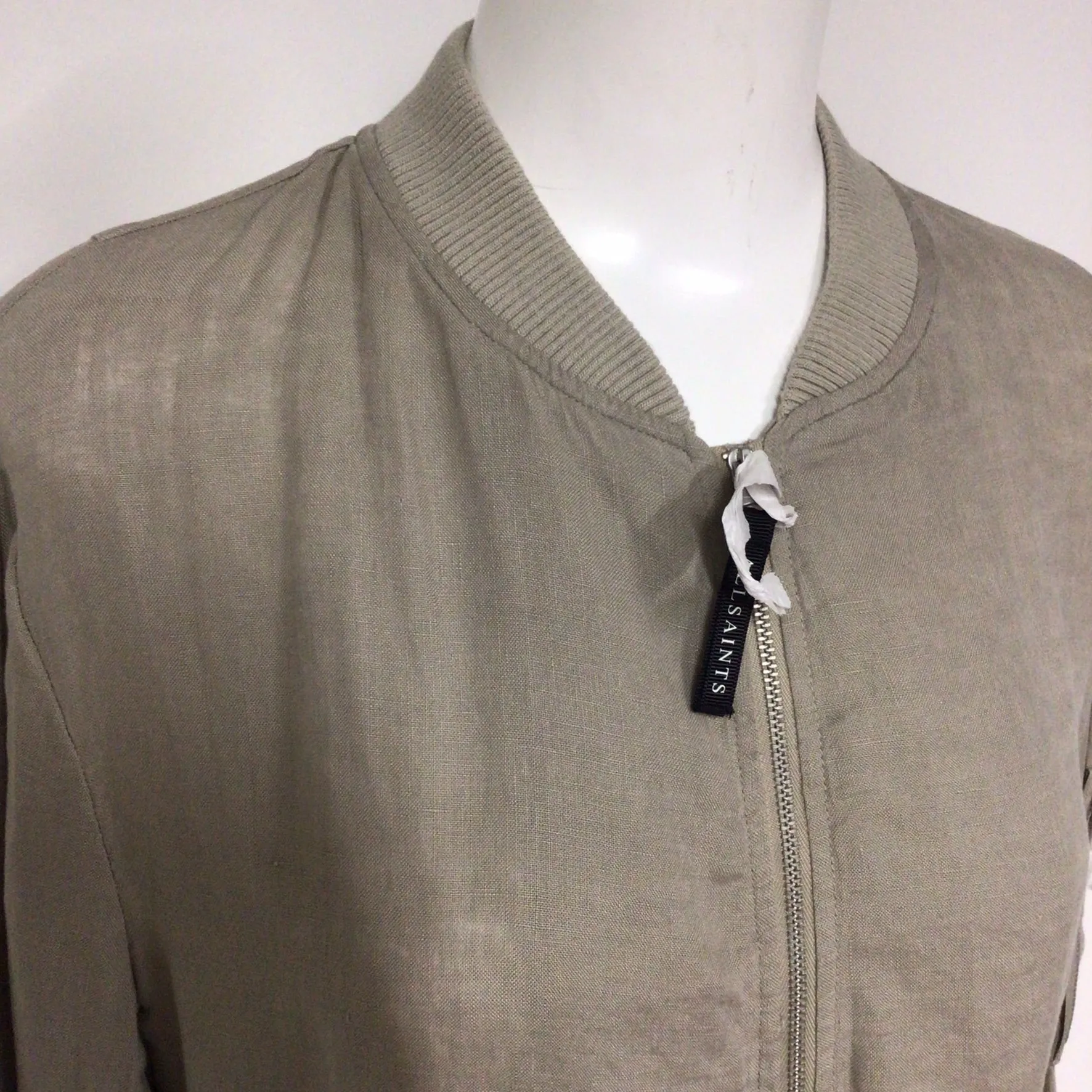 BNWT AllSaints Limestone Taupe 100% Linen Borra Bomber Jacket Size S