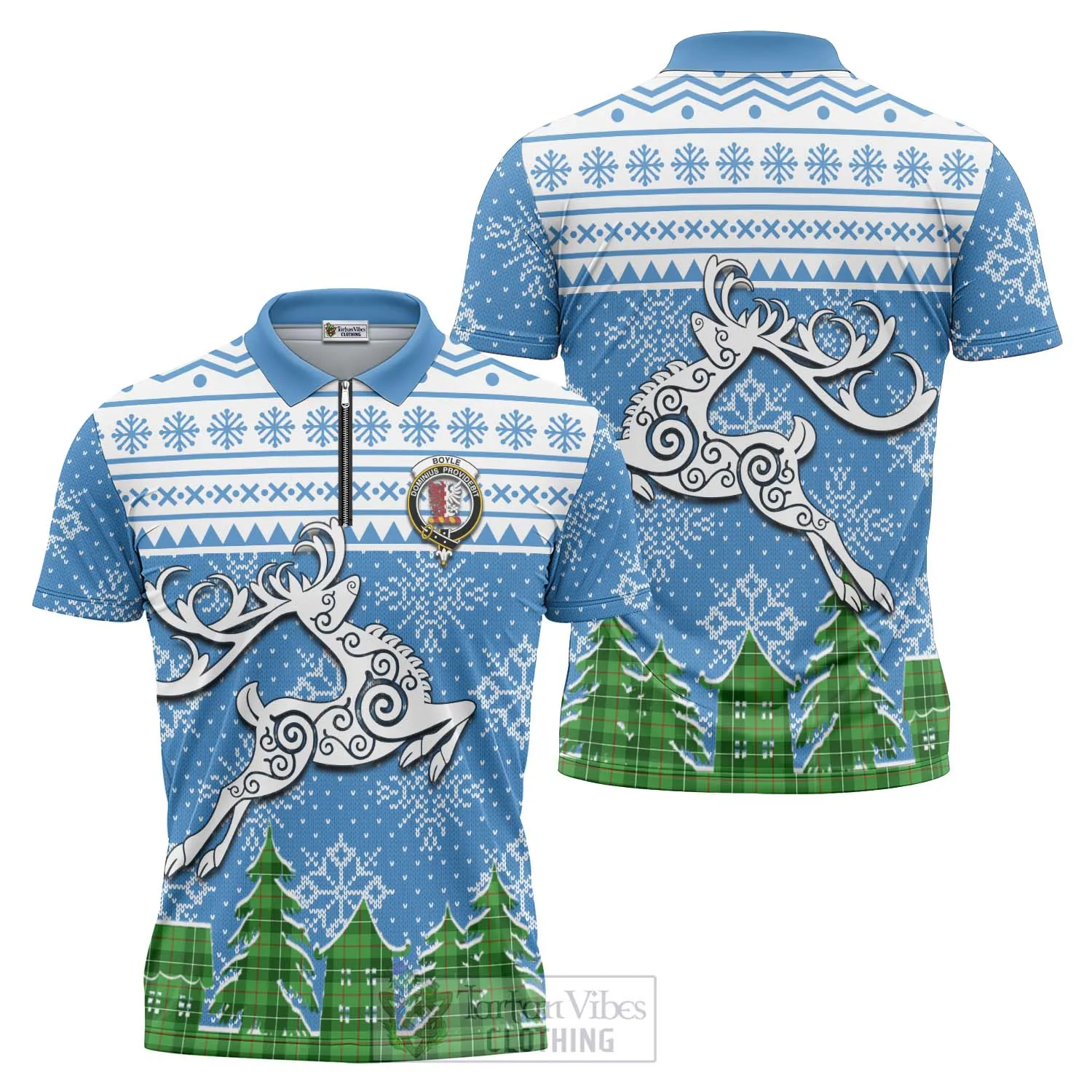 Boyle Clan Christmas Zipper Polo Shirt Celtic Reindeer Style