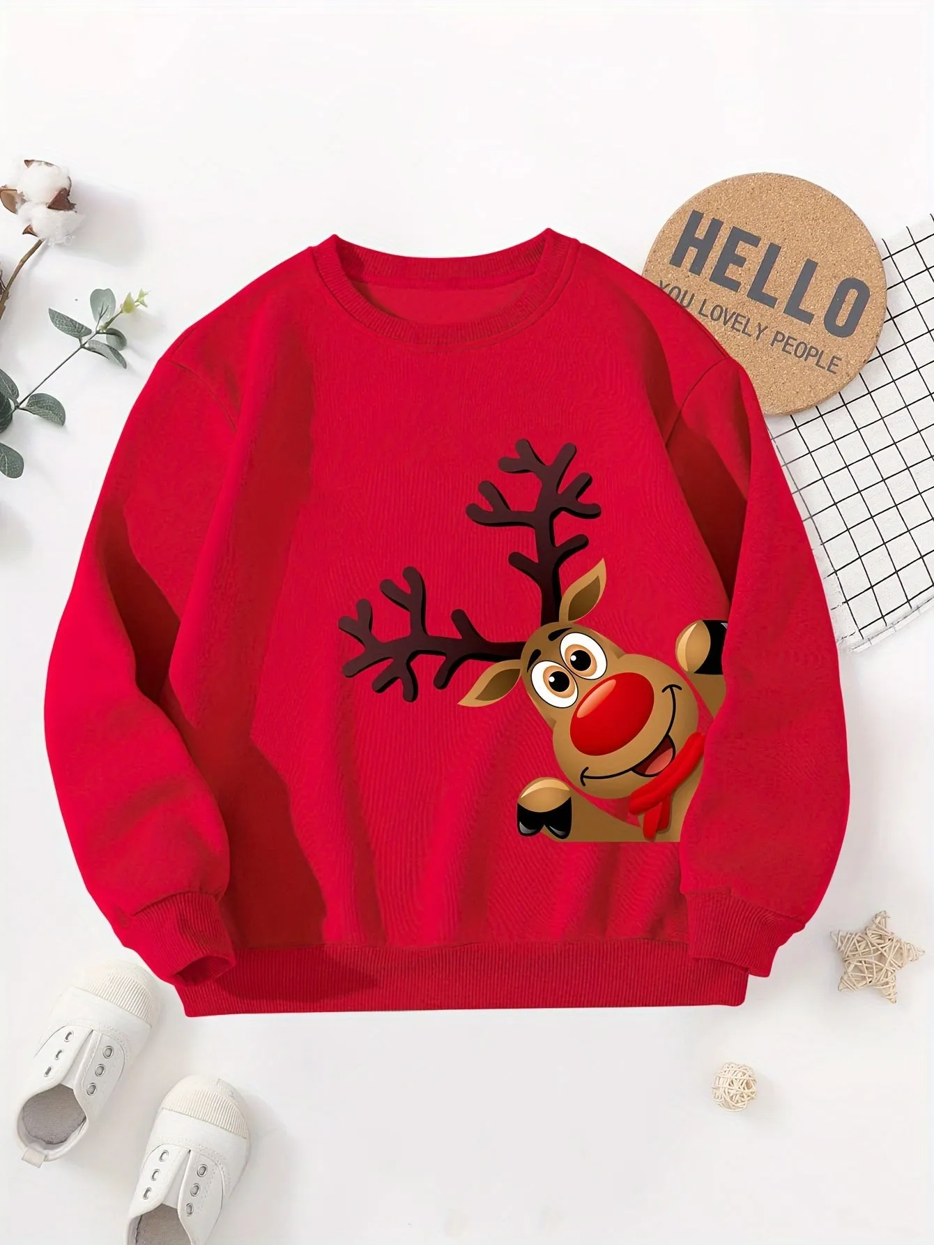 Boys' Fashion Christmas Reindeer Crew Neck Sweatshirt - Casual Long Sleeve Applique Top, 100% Polyester, Slight Stretch, Fall/Winter Collection