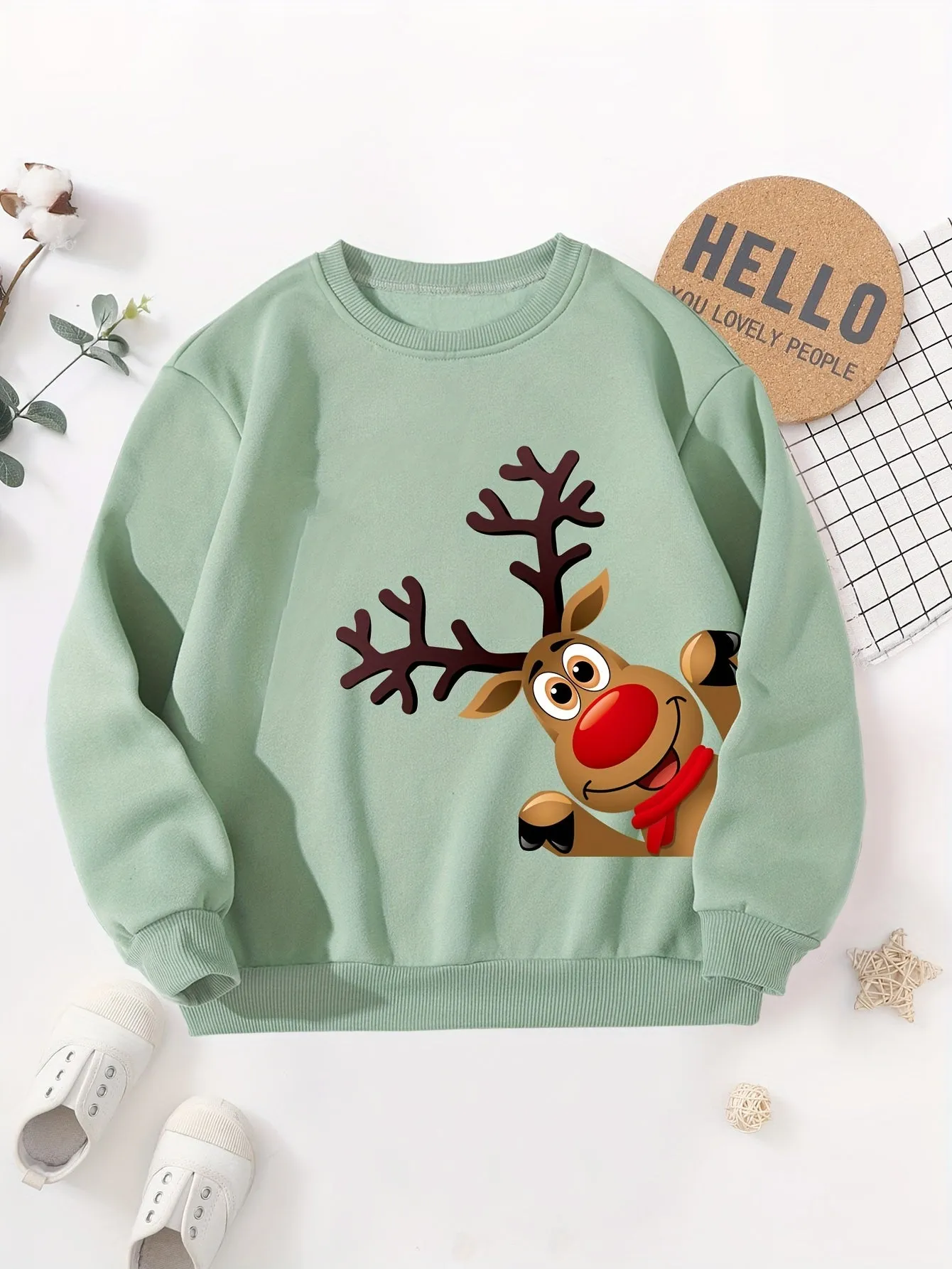 Boys' Fashion Christmas Reindeer Crew Neck Sweatshirt - Casual Long Sleeve Applique Top, 100% Polyester, Slight Stretch, Fall/Winter Collection