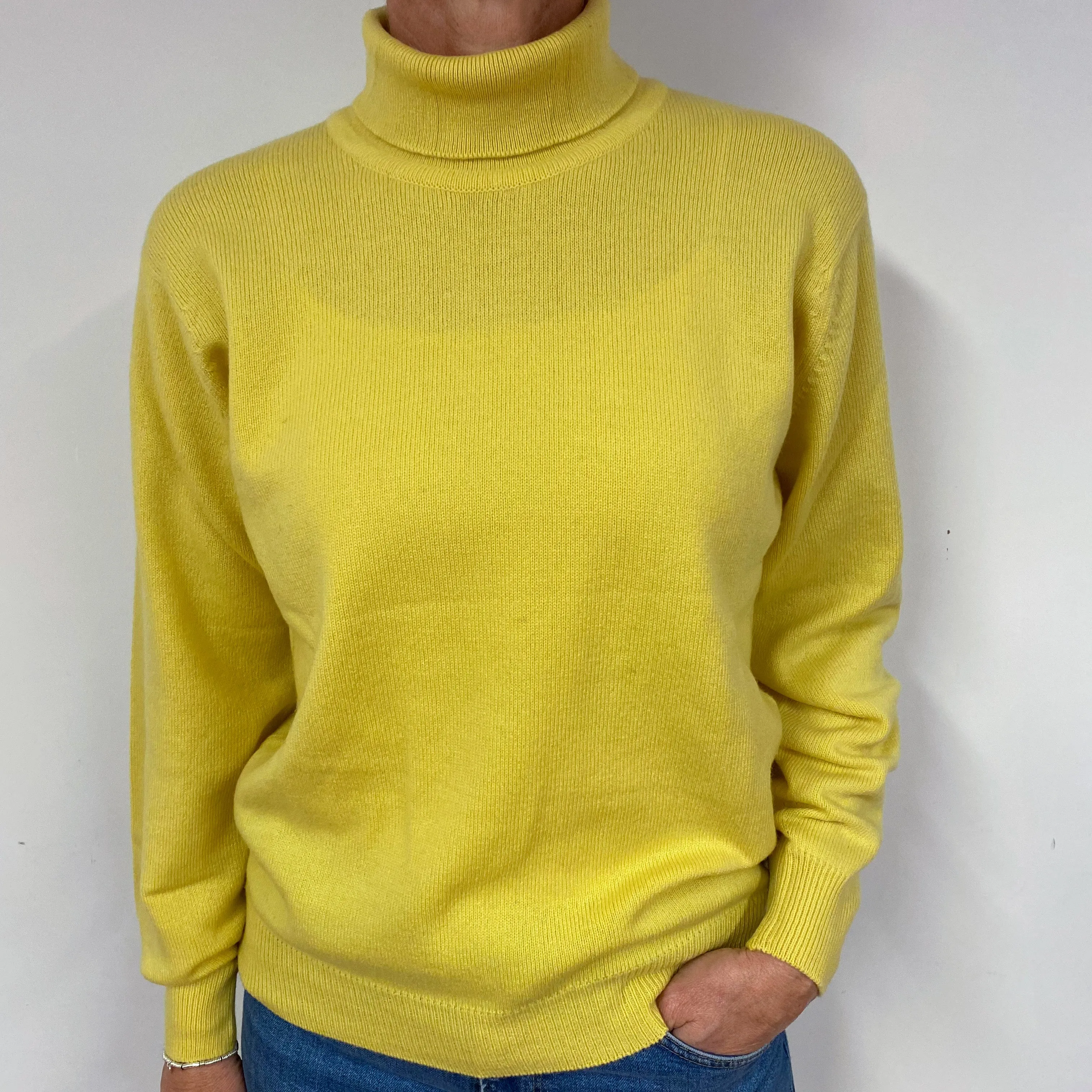 Brand New Scottish Cashmere Sunshine Yellow Polo Neck Jumper Medium