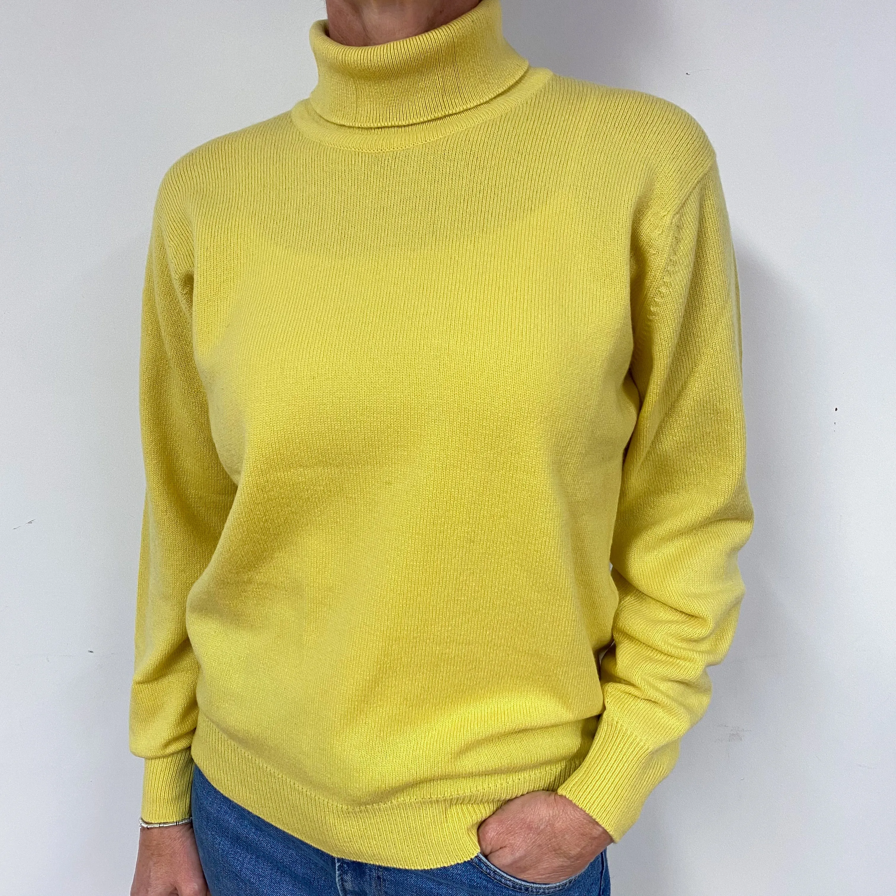 Brand New Scottish Cashmere Sunshine Yellow Polo Neck Jumper Medium