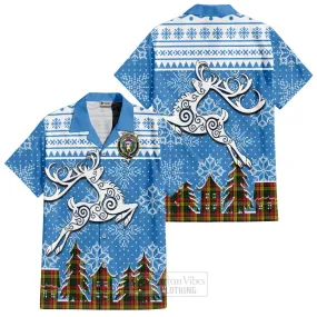 Buchanan Clan Christmas Short Sleeve Button Shirt Celtic Reindeer Style