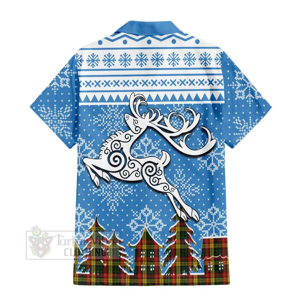 Buchanan Clan Christmas Short Sleeve Button Shirt Celtic Reindeer Style