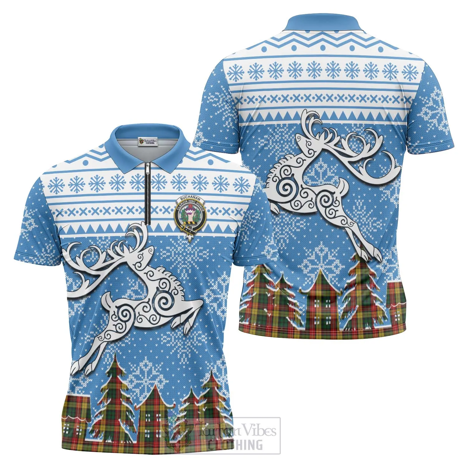 Buchanan Clan Christmas Zipper Polo Shirt Celtic Reindeer Style