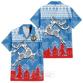 Burnett Clan Christmas Short Sleeve Button Shirt Celtic Reindeer Style