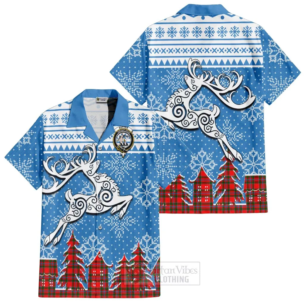 Butter Clan Christmas Short Sleeve Button Shirt Celtic Reindeer Style