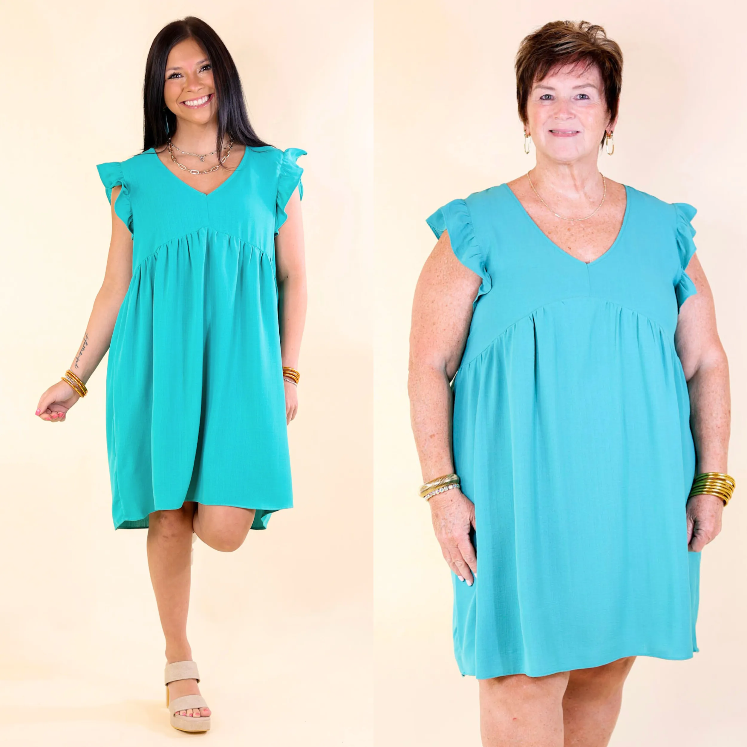 Capture Your Attention V Neck Dress with Ruffle Cap Sleeves in Turquoise