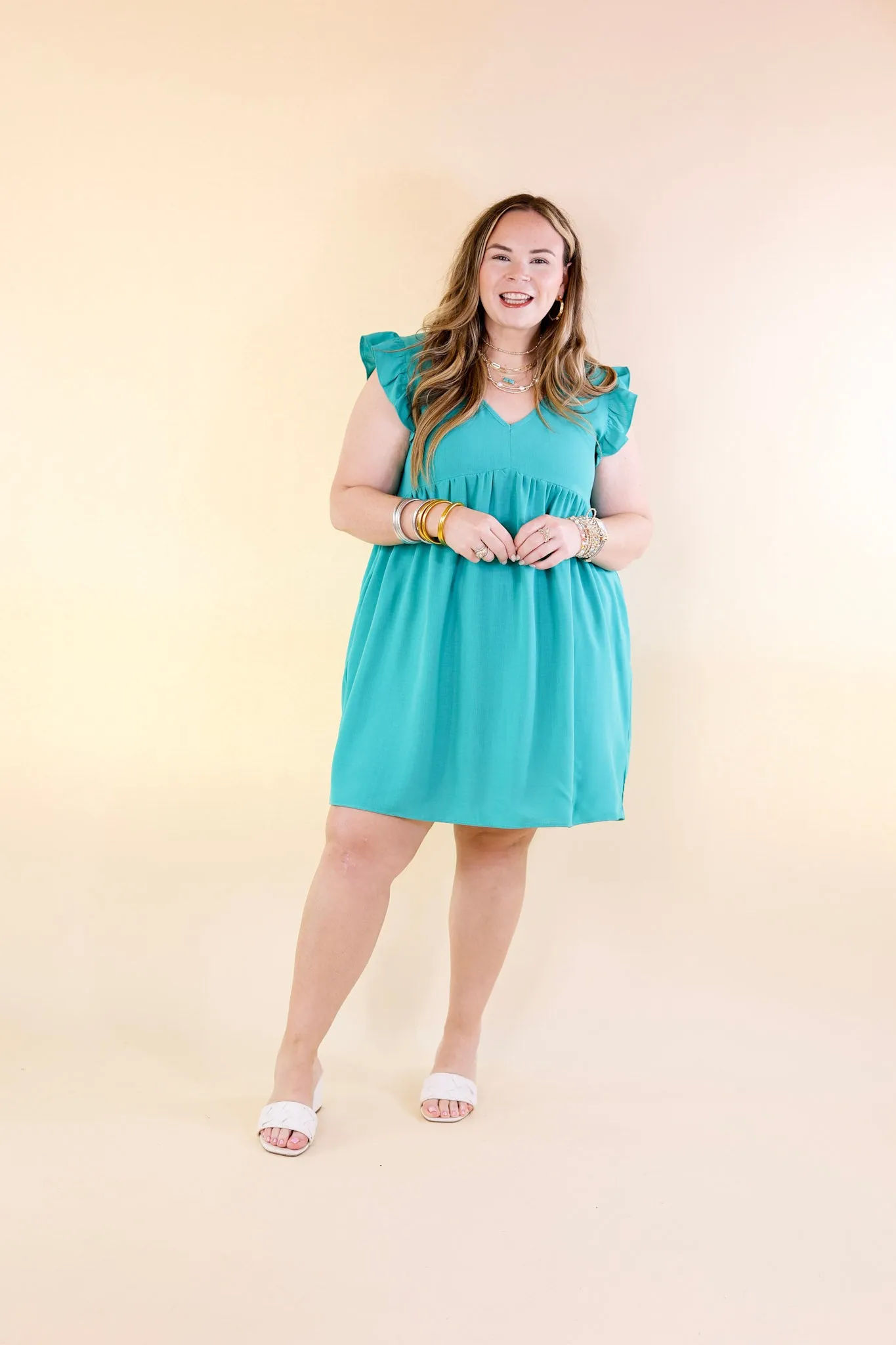 Capture Your Attention V Neck Dress with Ruffle Cap Sleeves in Turquoise