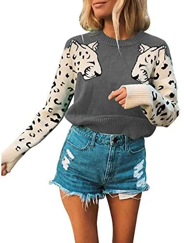 Casual Leopard Printed Patchwork Long Sleeves Knitted Pullover Cropped Sweater