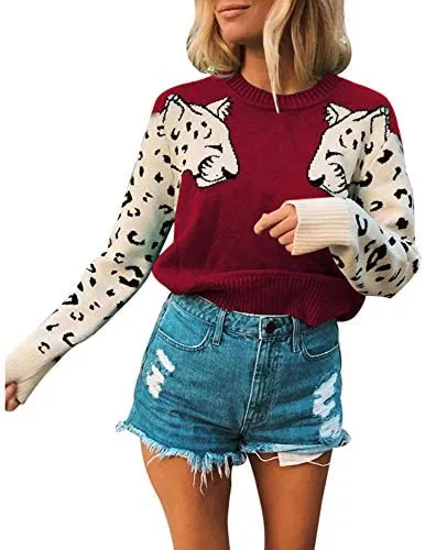 Casual Leopard Printed Patchwork Long Sleeves Knitted Pullover Cropped Sweater